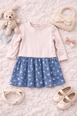 EGG Baby Girl Blush Pink & Blue Star Skirt Long Sleeve Casual Dress Size 2T